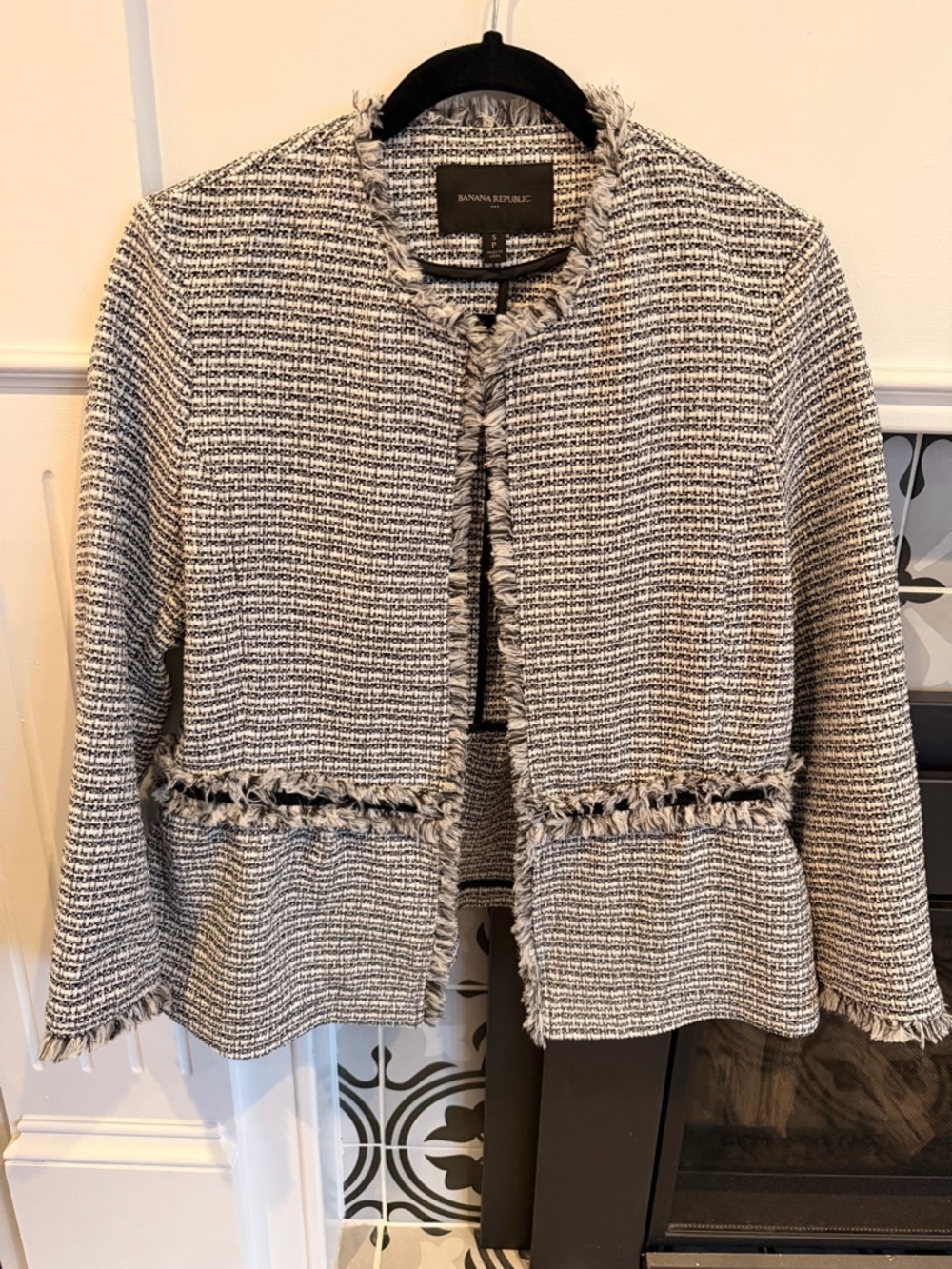 Banana Republic Black and White Tweed Fringe Open Jacket